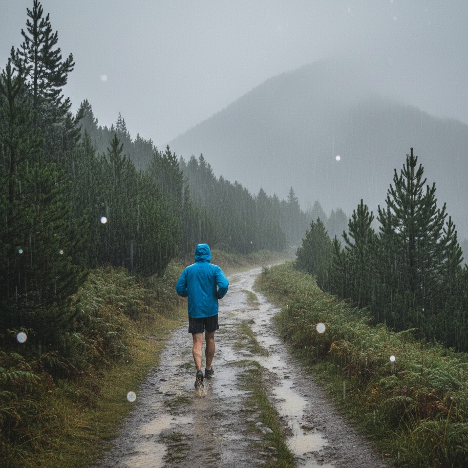 Person in a blue jacket walking on a rainy forest path with mountains in the background