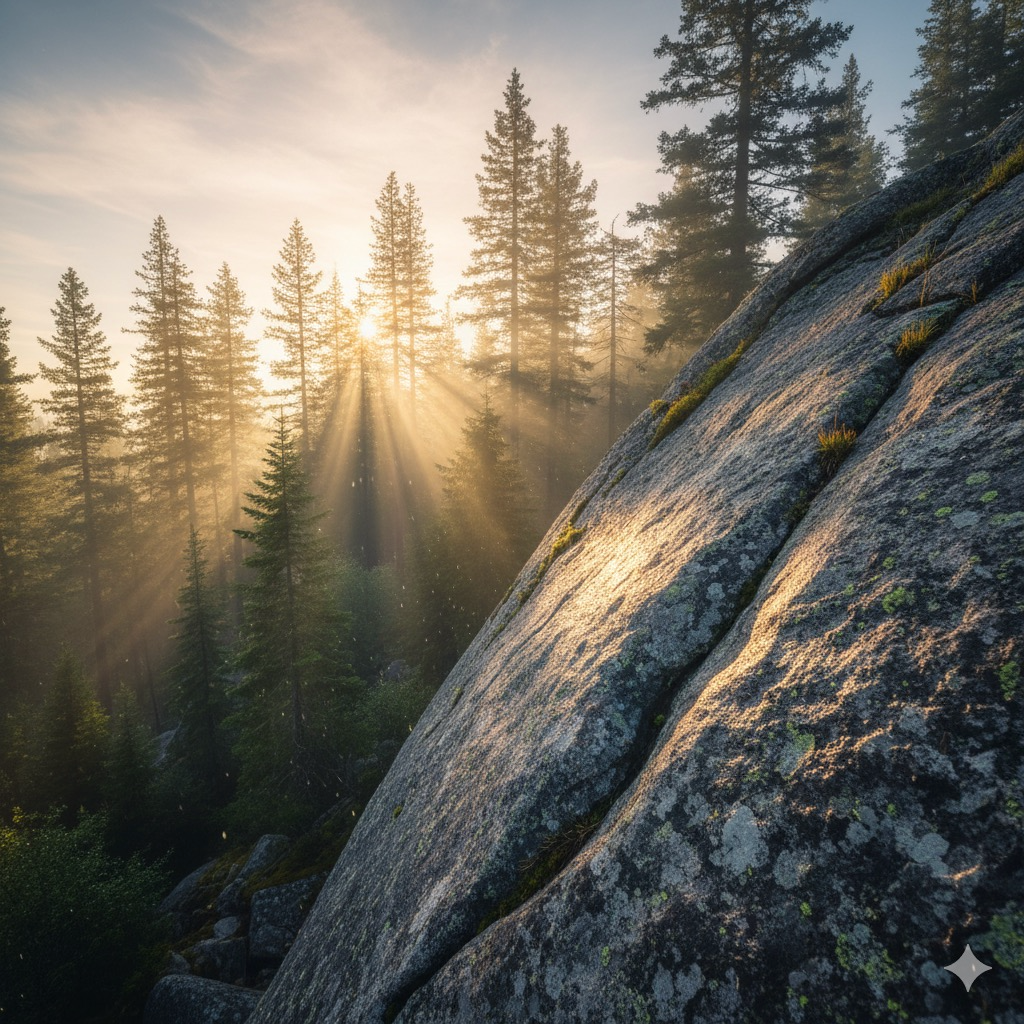 Sunlight shining through trees onto a large boulder