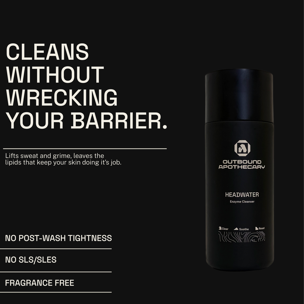 Black bottle of Outbound Apothecary Headwater with text on a black background