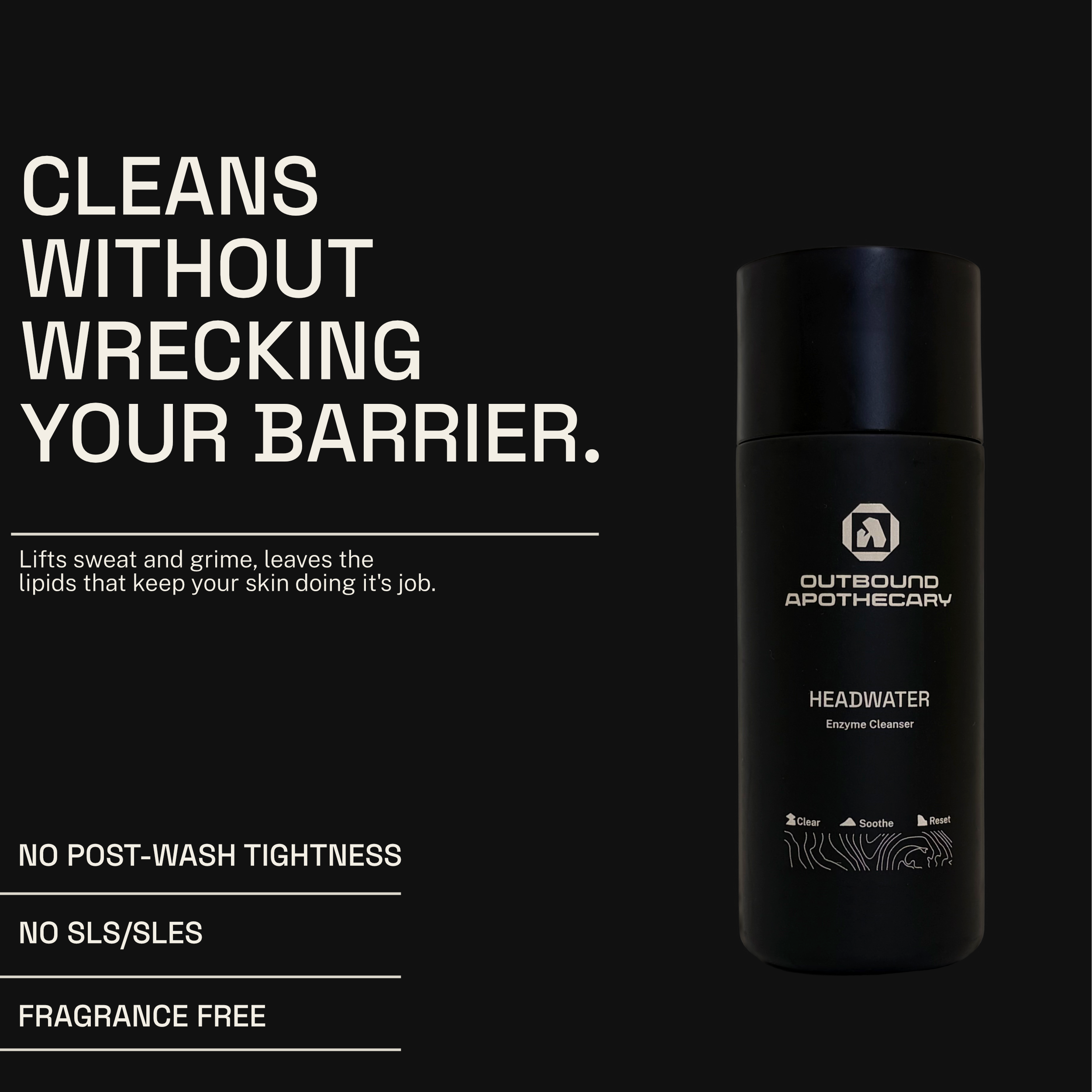 Black bottle of Outbound Apothecary Headwater with text on a black background