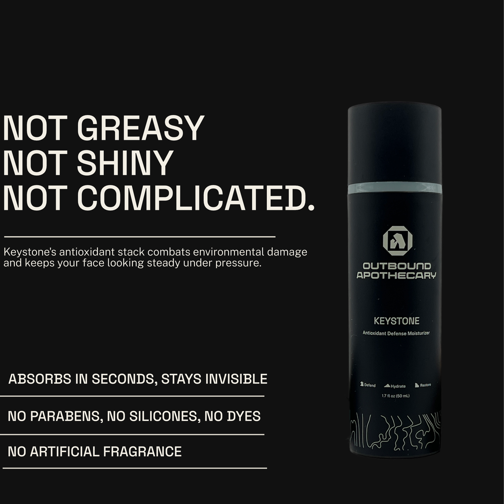 Outbound Apothecary Keystone antioxidant moisturizer on a black background with product details.
