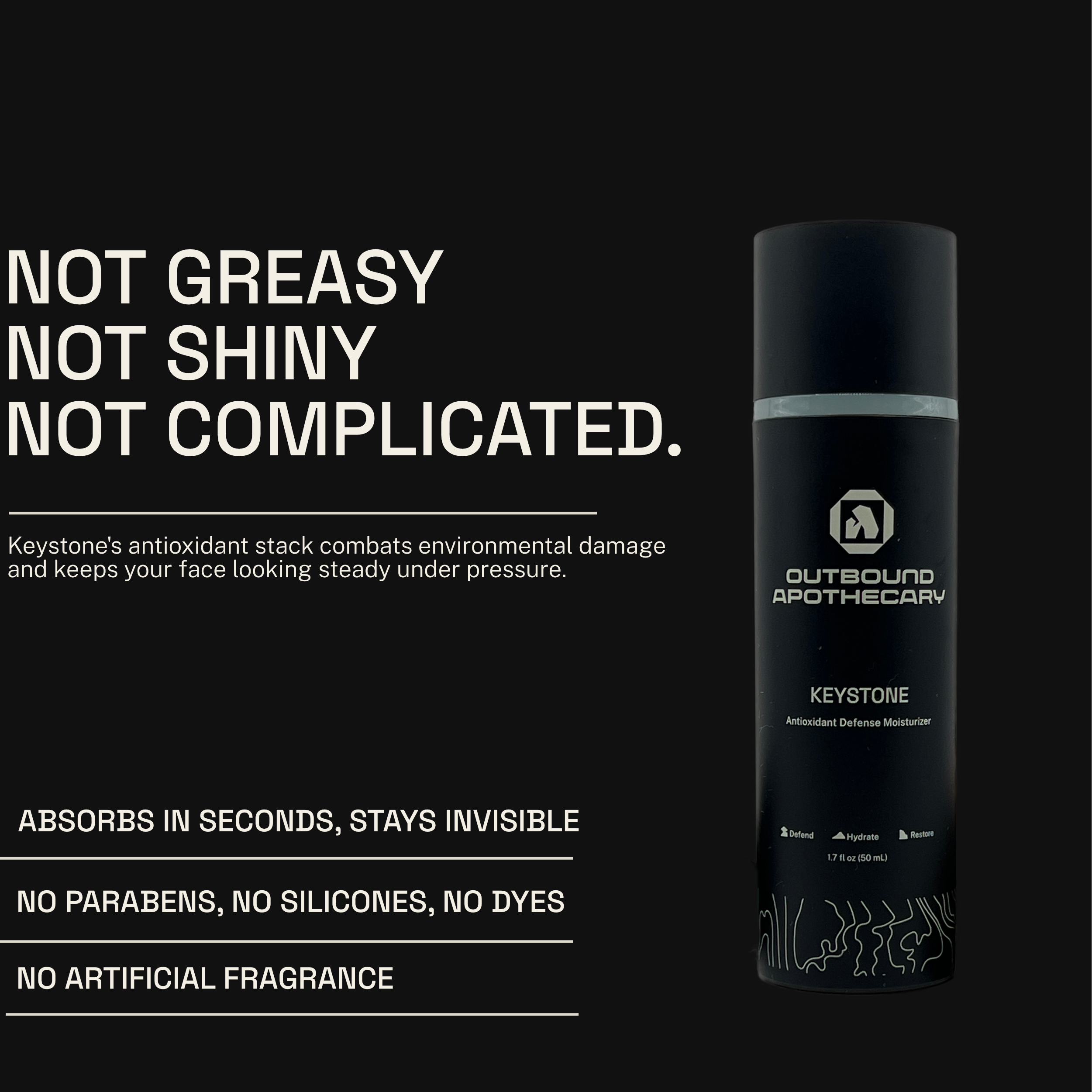 Outbound Apothecary Keystone antioxidant moisturizer on a black background with product details.