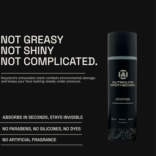Outbound Apothecary Keystone antioxidant moisturizer on a black background with product details.